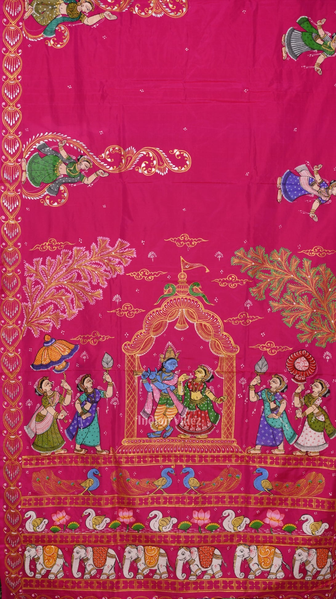 || राधा कृष्ण || Rani Pink Krishna Rasa Leela Hand-Painted Pattachitra Saree (Pre Order)