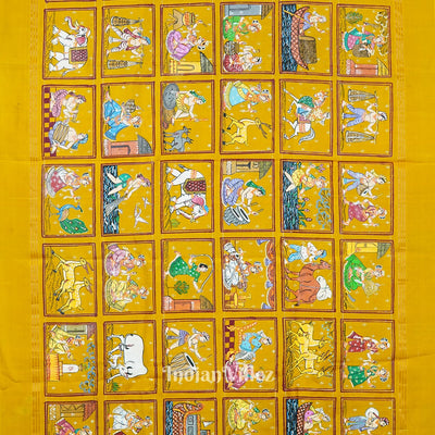 Golden Yellow Radha Krishna Village Theme Pattachitra Saree