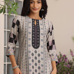 Grey Printed Silk Blend Straight Suit With Dupatta