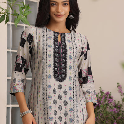 Grey Printed Silk Blend Straight Suit With Dupatta