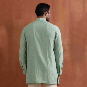trueBrowns Men's Green Cotton Dobby Front Open Short Kurta