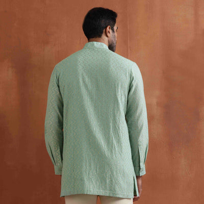 trueBrowns Men's Green Cotton Dobby Front Open Short Kurta