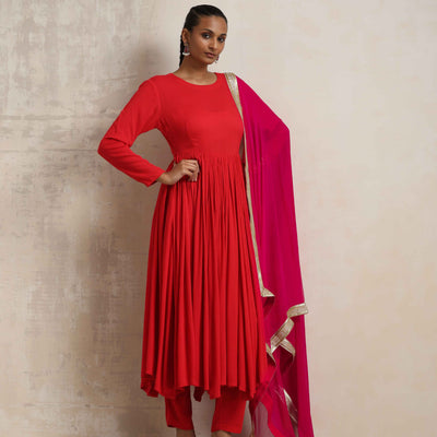 trueBrowns Red Crinkle Anarkali Kurta Pant Dupatta Set