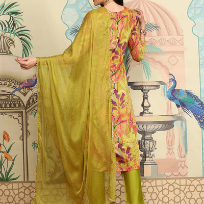 Yellow Floral Printed Straight Kurta With Trousers & Dupatta