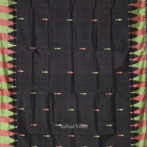 Black with Fish Motif Double Pallu Berhampuri Silk Saree