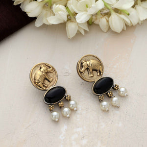 trueBrowns Gold Elephant Embossed Dangle Earrings