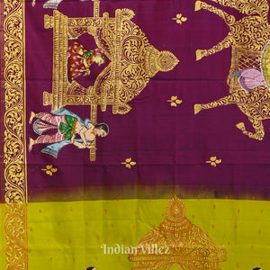 Magenta With Parrot Green Marriage Theme Hand-Painted Pattachitra Saree