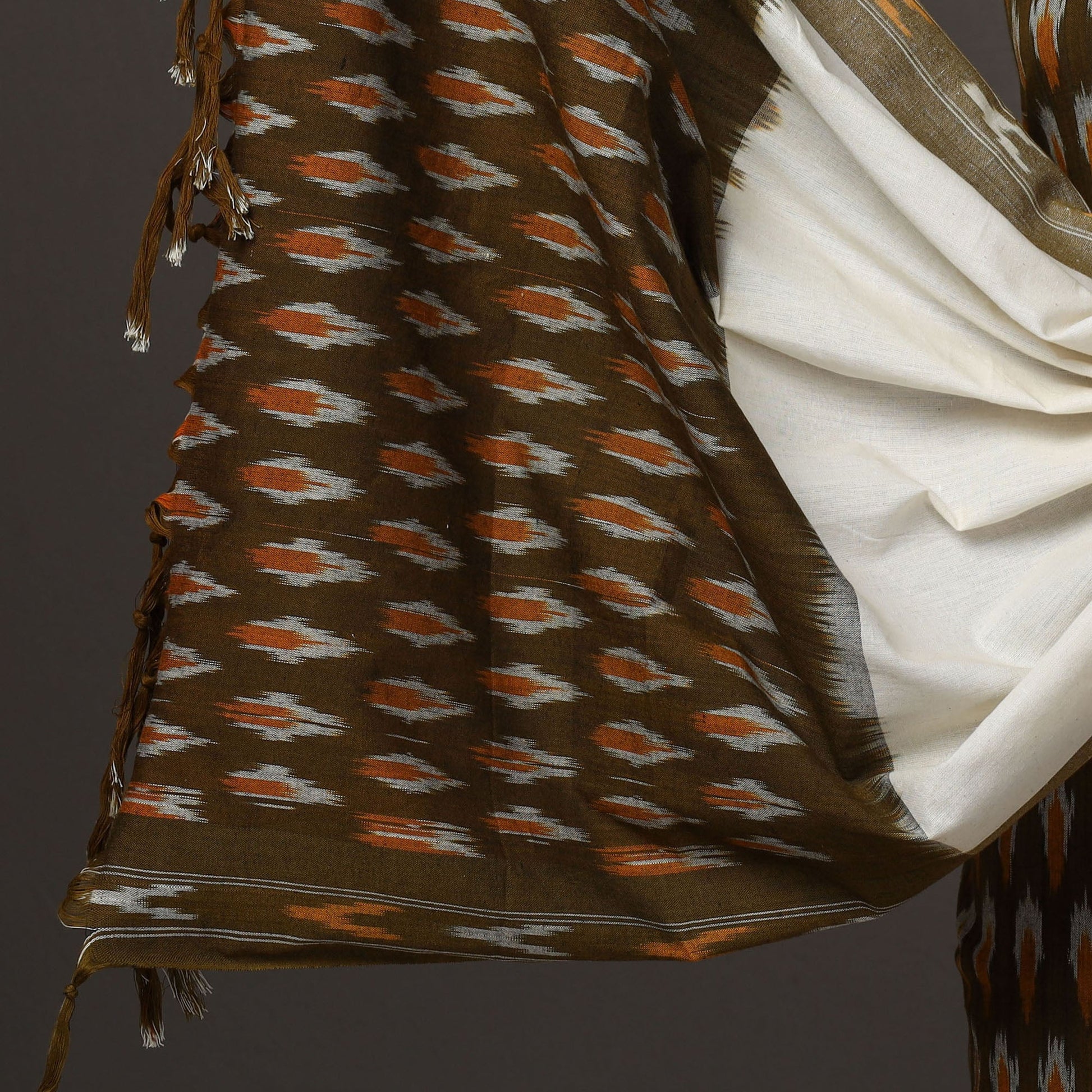 Brown - 3pc Cotton Handloom Pochampally Ikat Dress Material