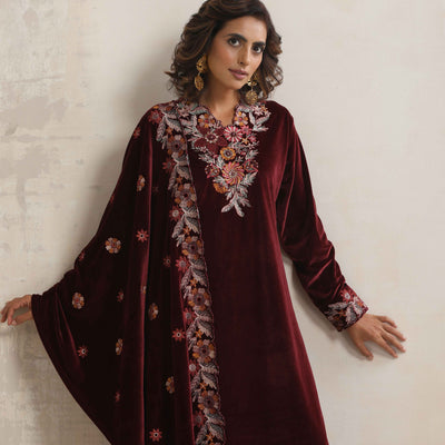 trueBrowns Maroon Velvet Floral Embroidered Kurta Pant Dupatta Set