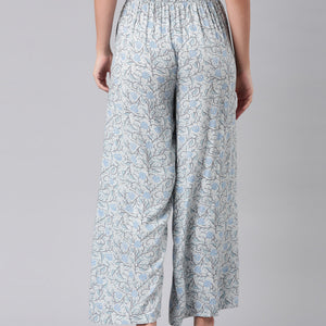 Women Blue Woven Viscose Mid Rise Printed Palazzo