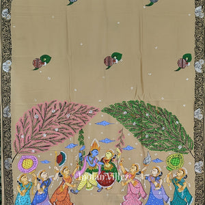 Honey Gold Krishna Rasleela Hand-Painted Pattachitra Saree