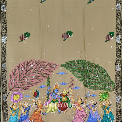 Honey Gold Krishna Rasleela Hand-Painted Pattachitra Saree