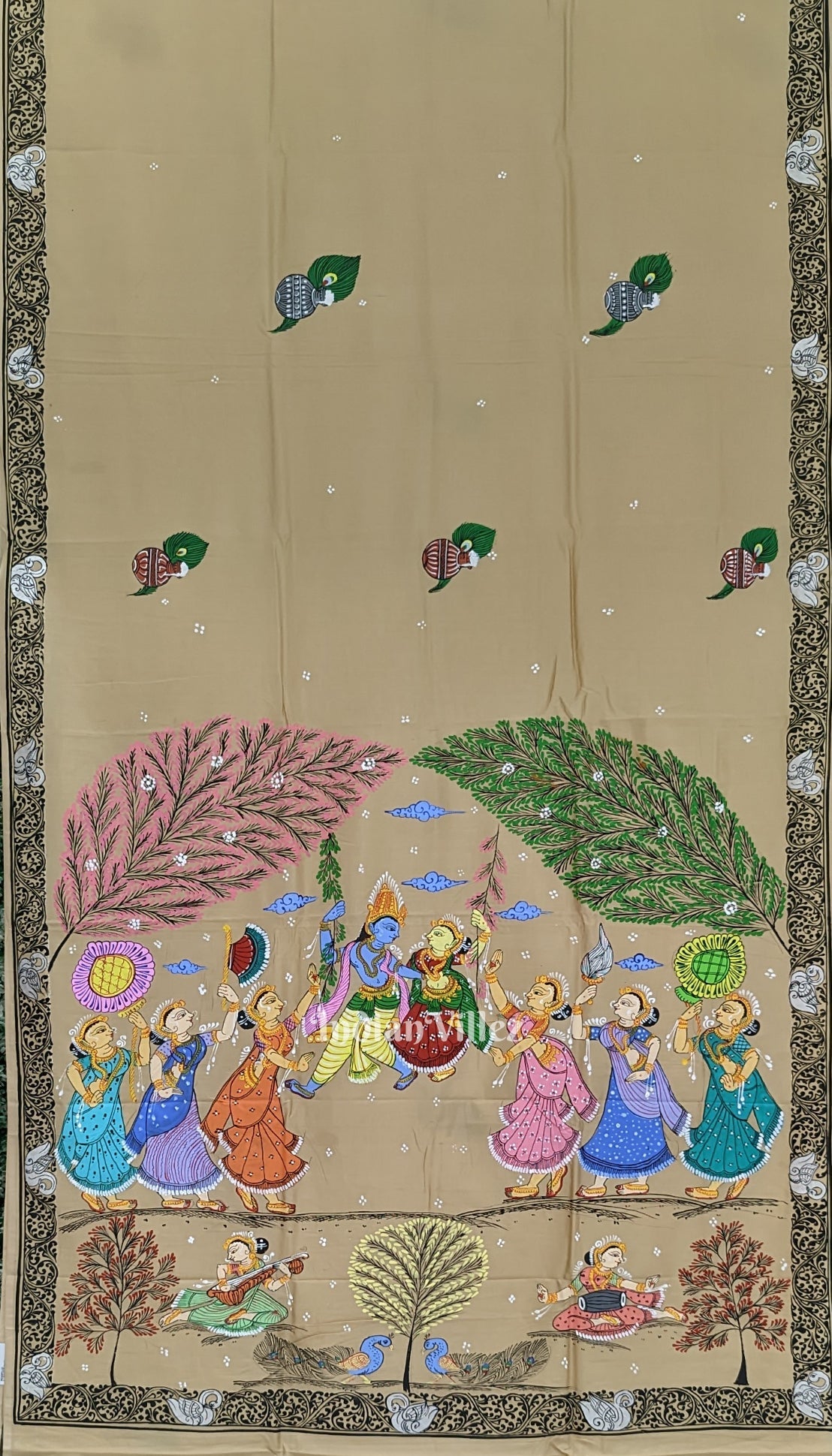 Honey Gold Krishna Rasleela Hand-Painted Pattachitra Saree