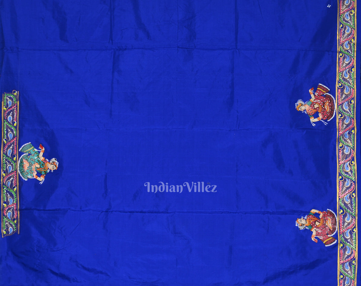 Blue Giri Govardhan Hand-Painted Pattachitra Saree