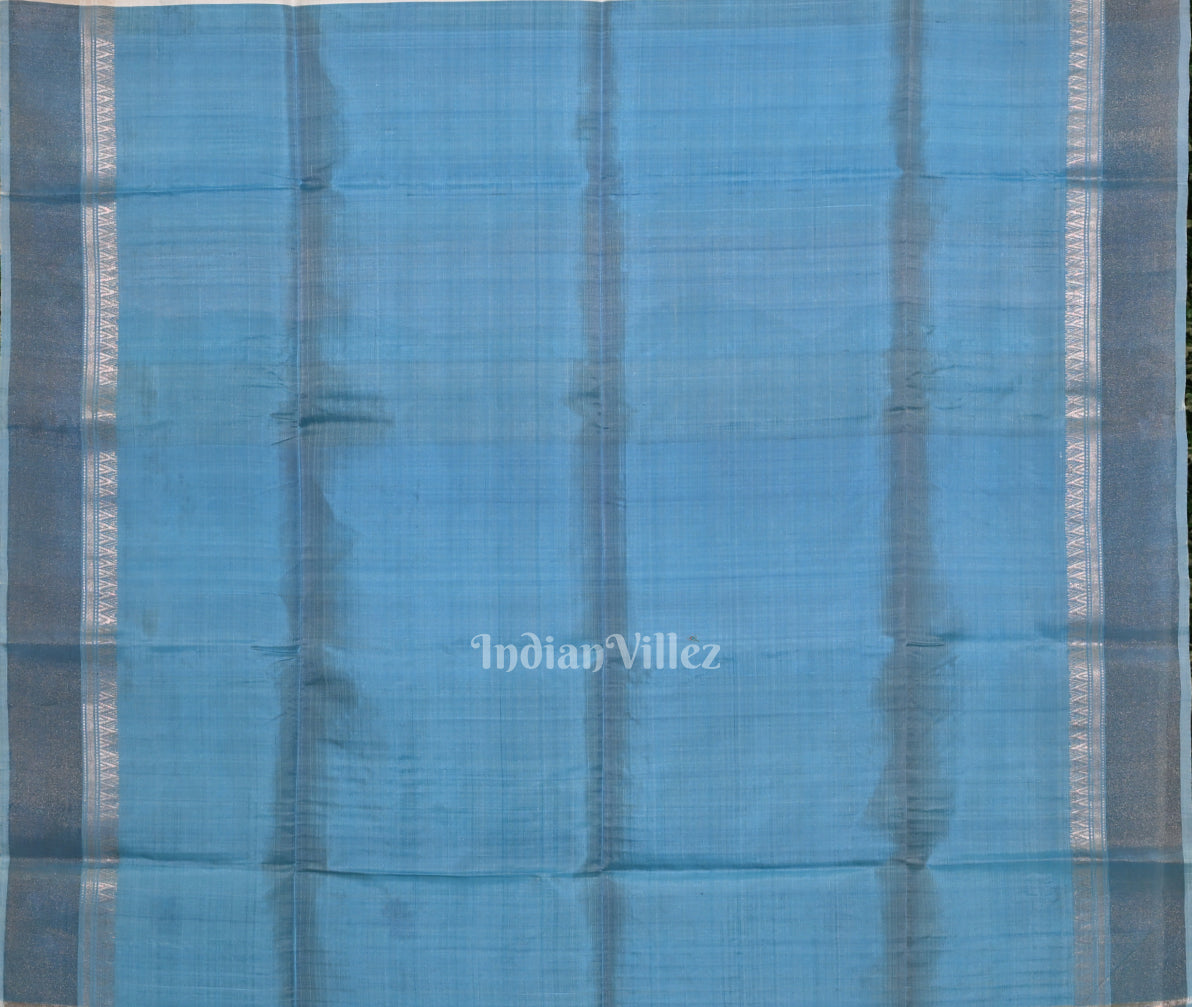 White Sky Blue Pure Bishnupuri Silk Saree