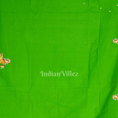 Blue With Green Raja Theme Hand-Painted Pattachitra Saree