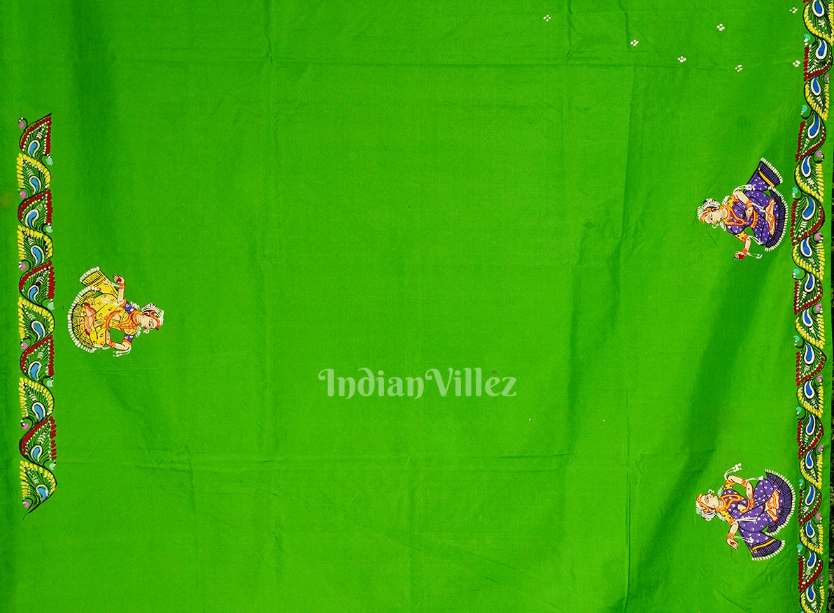 Blue With Green Raja Theme Hand-Painted Pattachitra Saree