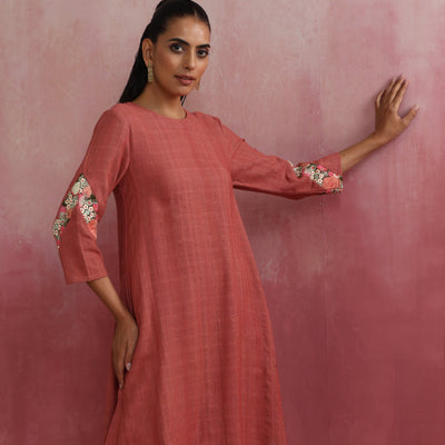 trueBrowns Peach Cotton Dobby Kurta Set