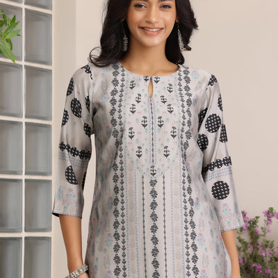 Grey Printed Silk Blend Straight Suit With Dupatta