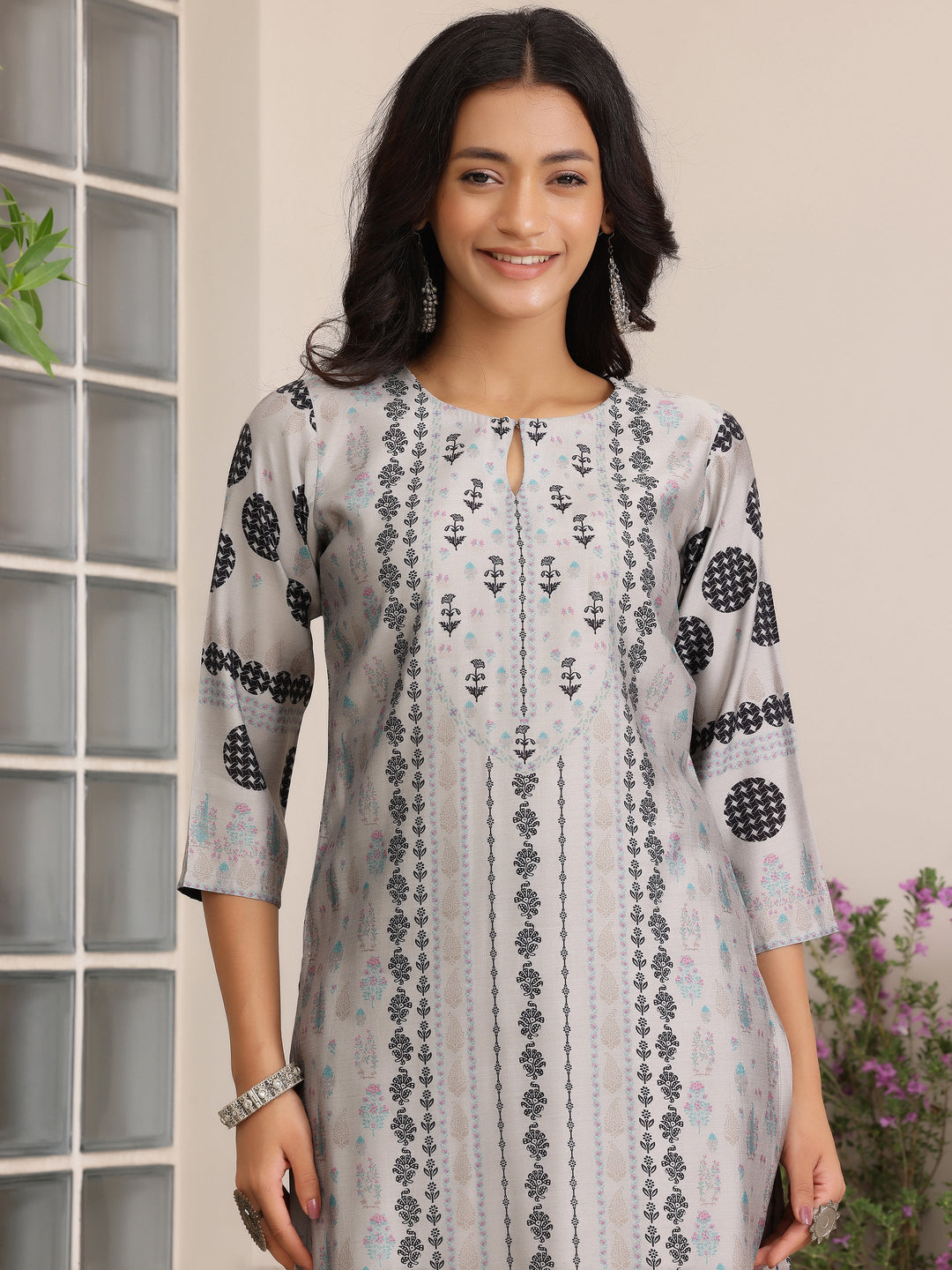 Grey Printed Silk Blend Straight Suit With Dupatta