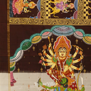 Coffee Navaratri Durga Puja Theme Hand-Painted Pattachitra Saree