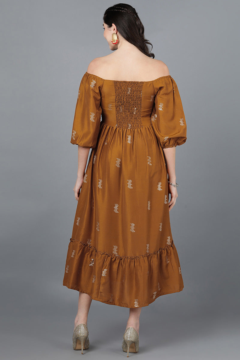 Brown Poly Silk Embellished Midi Dress VD1278