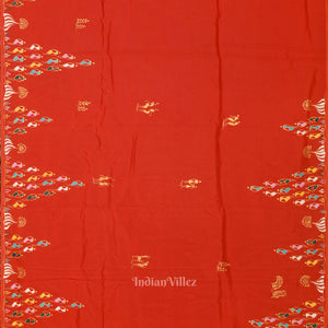 Fine & Elegant Orange Tribal Theme Hand-Painted Pattachitra Saree