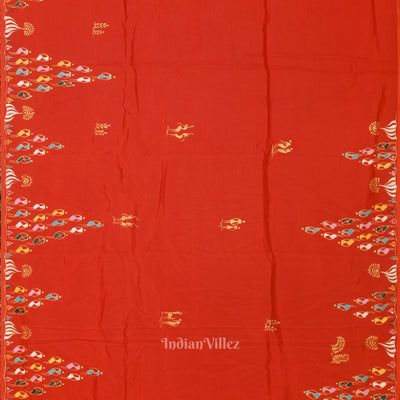 Fine & Elegant Orange Tribal Theme Hand-Painted Pattachitra Saree