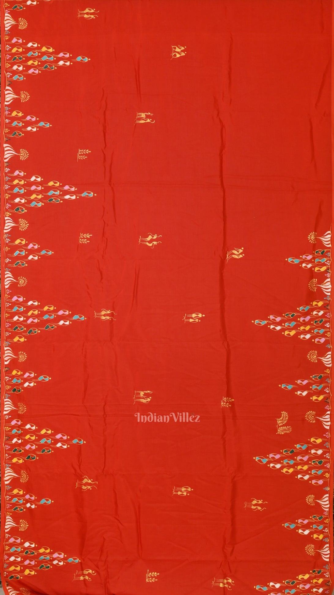 Fine & Elegant Orange Tribal Theme Hand-Painted Pattachitra Saree