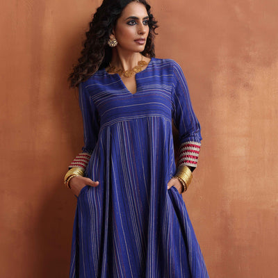 trueBrowns Blue Stripe Flared Anarkali Kurta Set