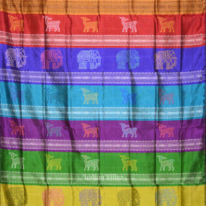 Mehendi Green Phoda Kumbha with Animal Motif  Double Pallu Berhampuri Silk Saree