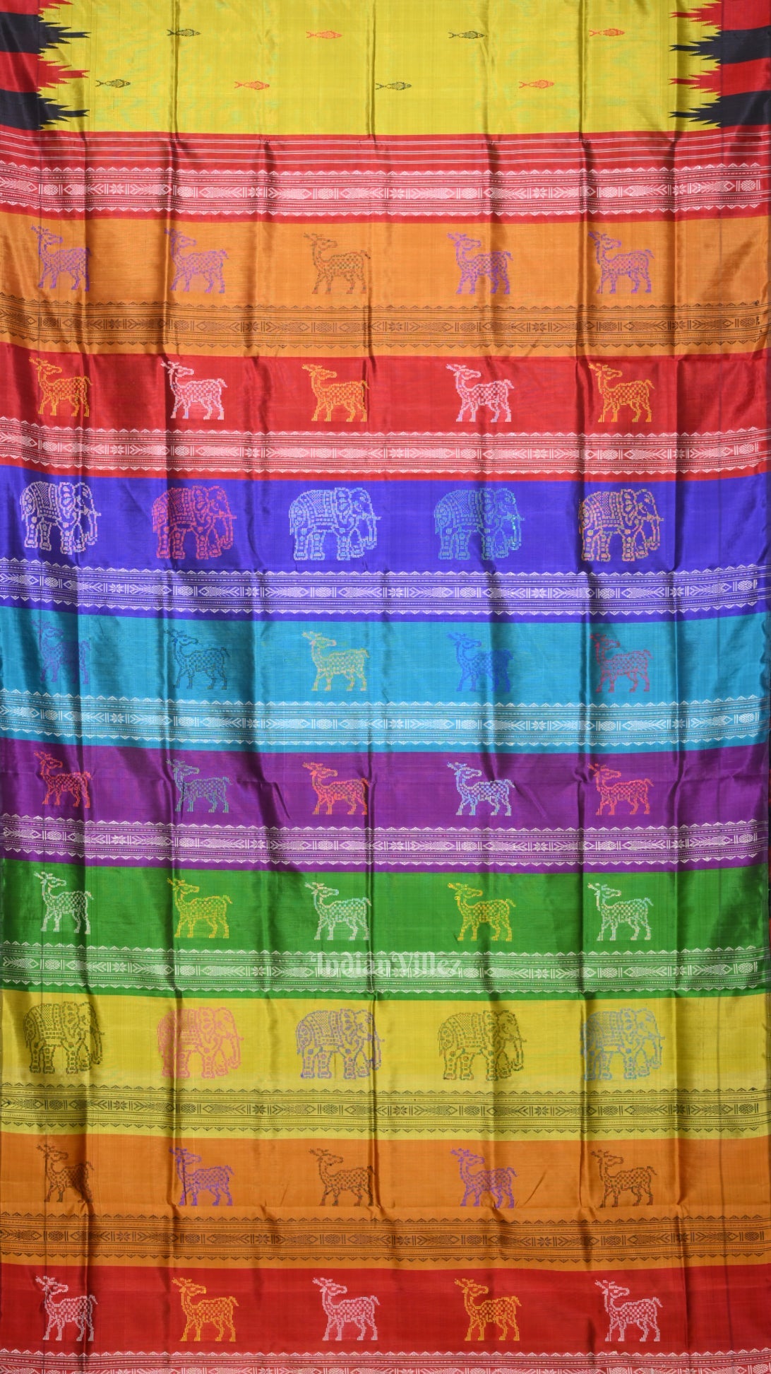 Mehendi Green Phoda Kumbha with Animal Motif  Double Pallu Berhampuri Silk Saree