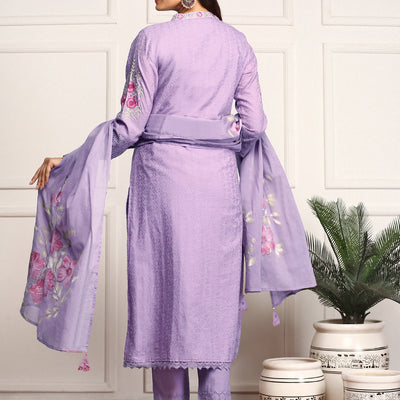 Purple Floral Embroidered Schiffli Pure Cotton Kurta With Trousers & Dupatta