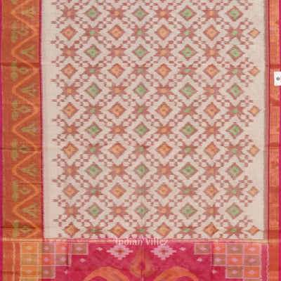 White pink Pochampally Ikat Sico (Silk & Cotton) Saree with Zari Border
