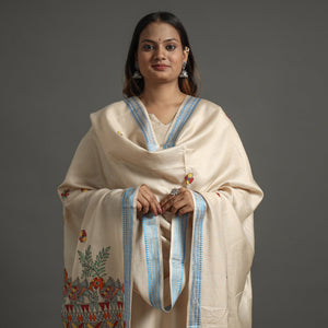 Beige - Madhubani Handpainted Tussar Cotton Handloom Dupatta 01