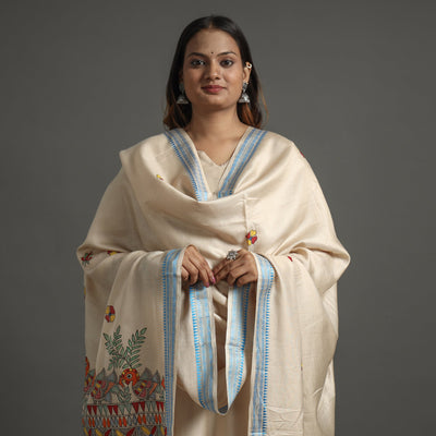 Beige - Madhubani Handpainted Tussar Cotton Handloom Dupatta 01
