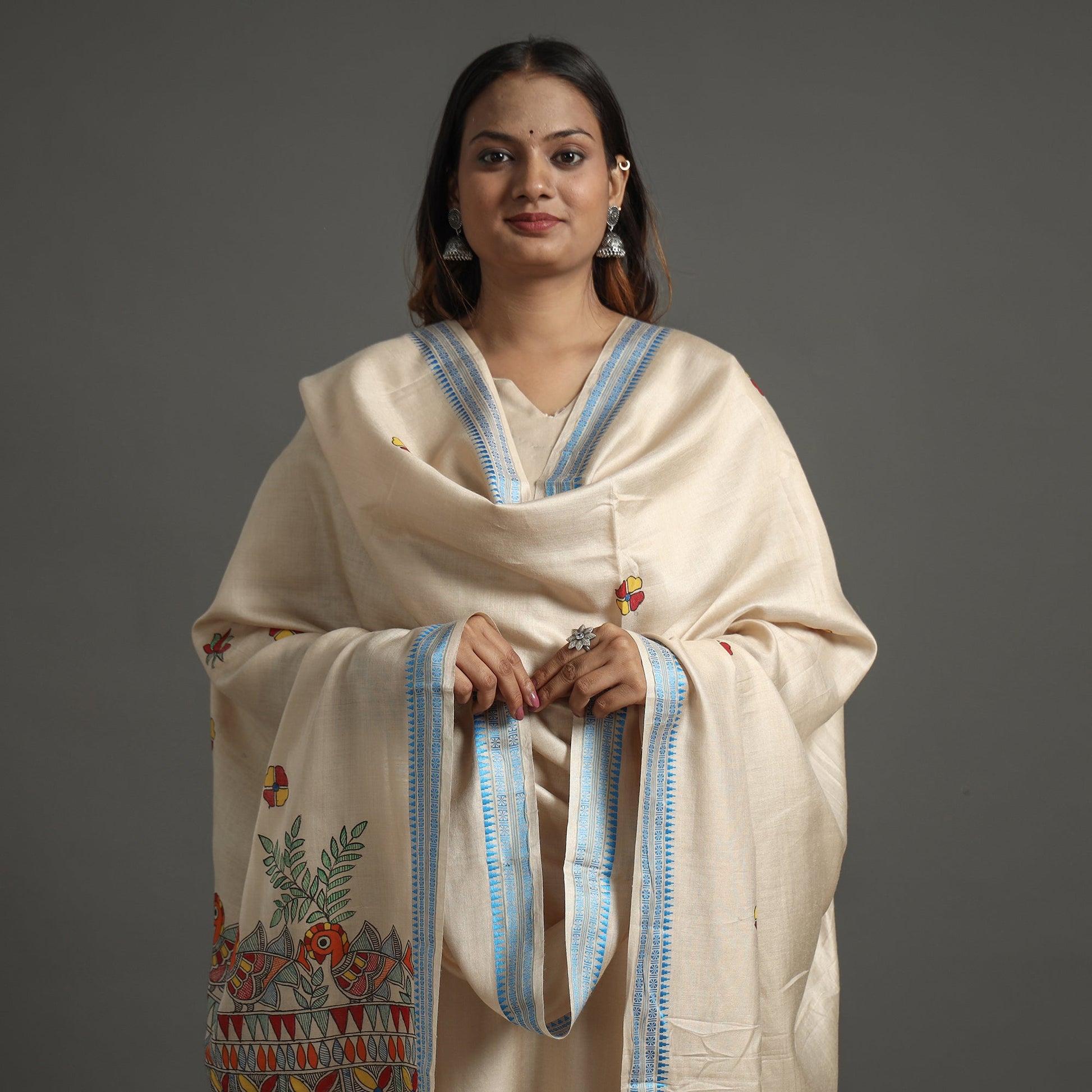 Beige - Madhubani Handpainted Tussar Cotton Handloom Dupatta 01