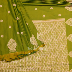 Mehendi Green Dual Tone Floral Motif Mashru Satin Silk Banarasi Saree