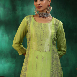 Green Woven Design Silk Blend Straight Suit With Dupatta