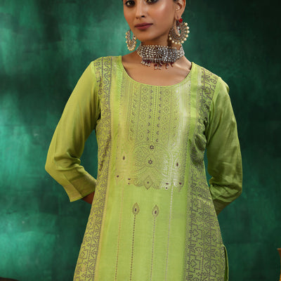 Green Woven Design Silk Blend Straight Suit With Dupatta