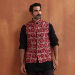 trueBrowns Men's Beige Printed Nehru Jacket