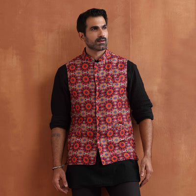 trueBrowns Men's Beige Printed Nehru Jacket