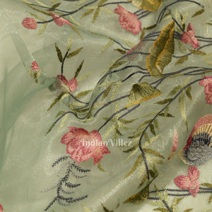 Light Blue Floral Theme Kora Organza Banarasi Saree