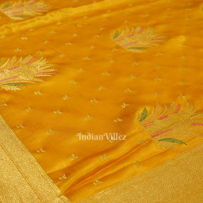 Authentic Mustard Yellow with Golden Broder Mashru Satin Silk Banarasi Saree