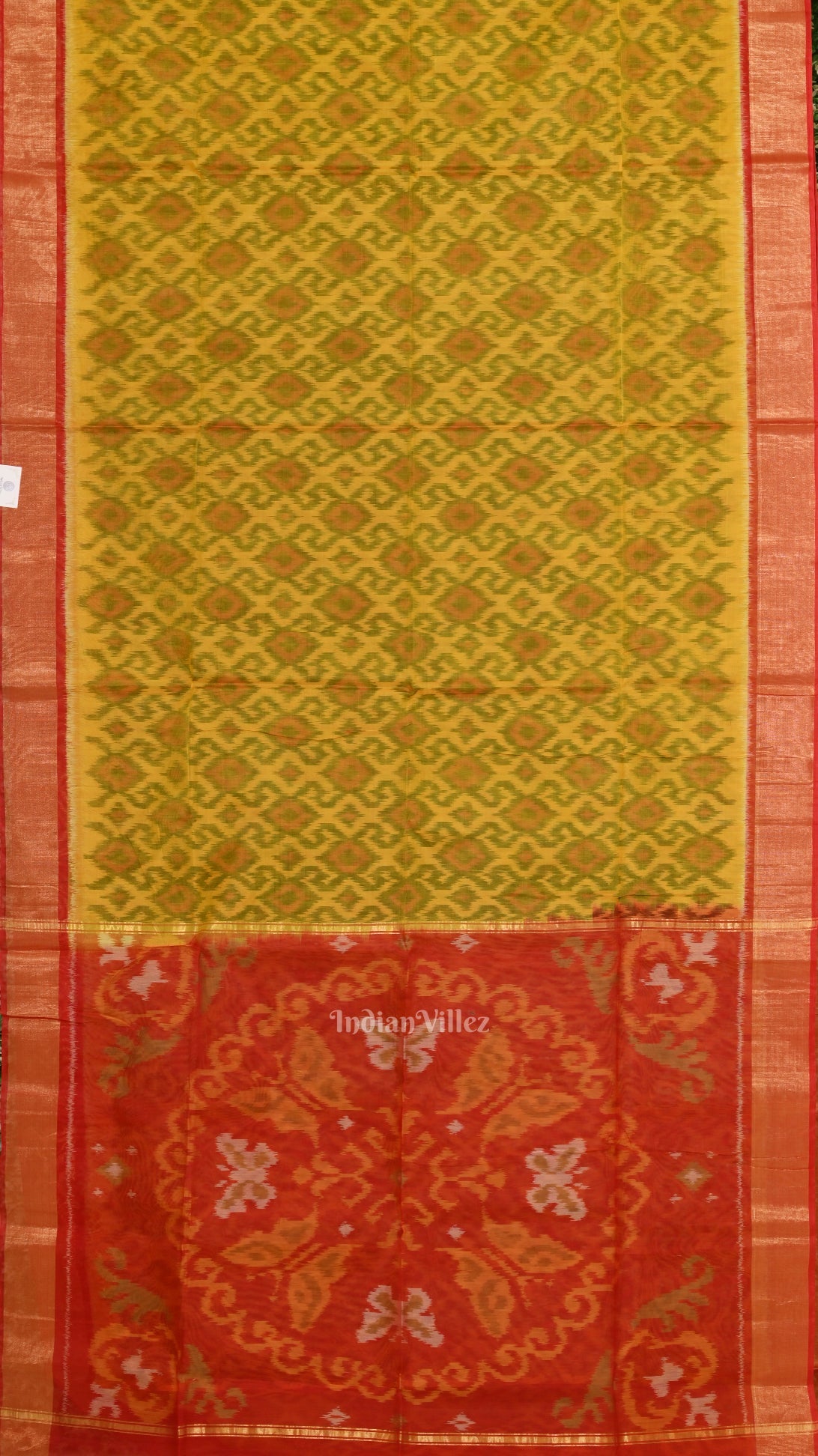 Yellow Red Pochampally Ikat Sico (Silk &Cotton) Saree with Zari Border