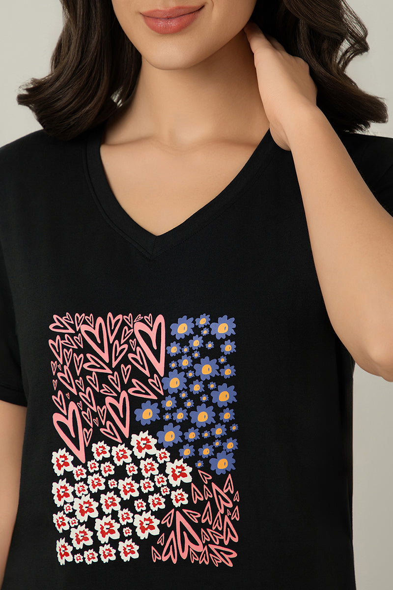 V-Neck Sleep Tee - Floral Heart Print