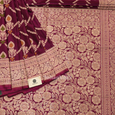 Purple Wine Meenakari Pure Mashru Satin Silk Banarasi Saree