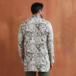 trueBrowns Men's Off White Printed Short Kurta