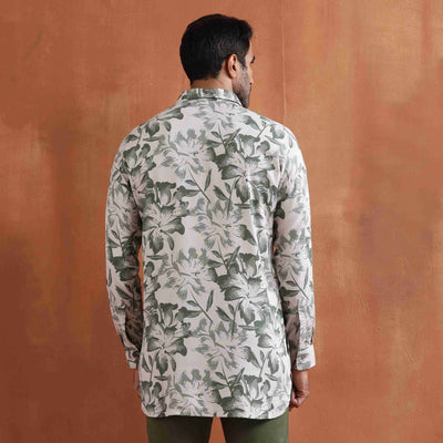 trueBrowns Men's Off White Printed Short Kurta