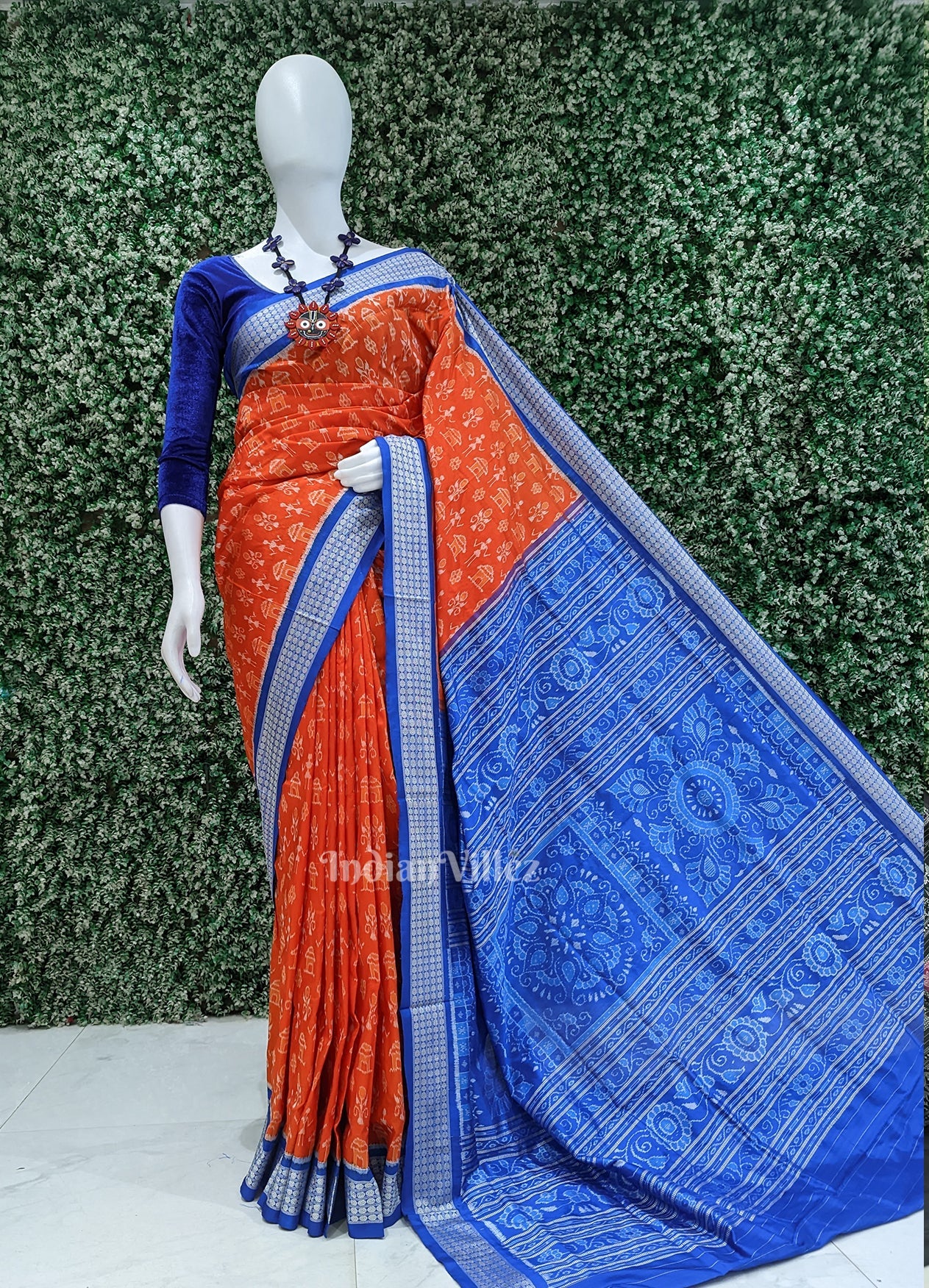 Orange Royal Blue Tribal Theme Sambalpuri Silk Saree